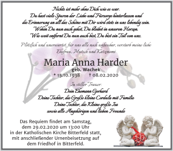 Traueranzeige von Maria Anna Harder von Wochenspiegel Bitterfeld