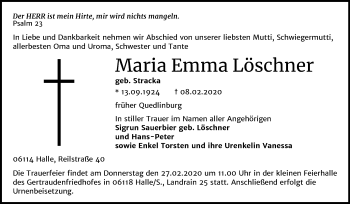 Traueranzeige von Maria Emma Löschner von Mitteldeutsche Zeitung Quedlinburg