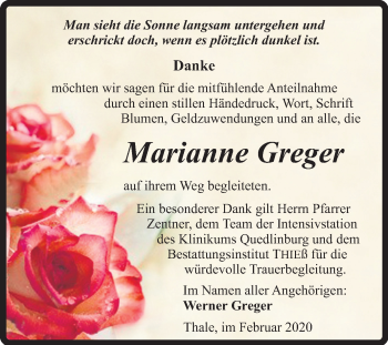 Traueranzeige von Marianne Greger von Mitteldeutsche Zeitung Quedlinburg
