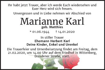 Traueranzeige von Marianne Karl von Mitteldeutsche Zeitung Wittenberg