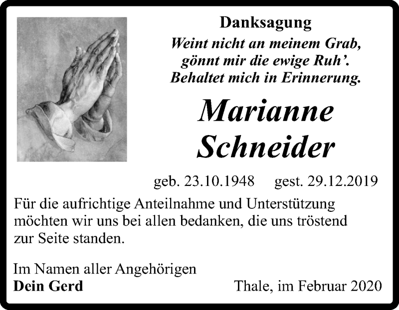  Traueranzeige für Marianne Schneider vom 08.02.2020 aus Super Sonntag Quedlinburg