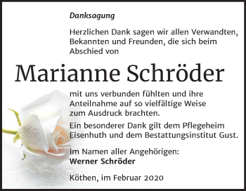 Traueranzeige von Marianne Schröder von Super Sonntag Köthen