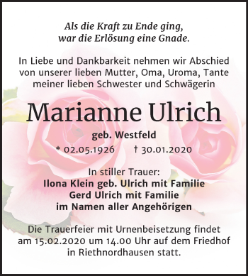 Traueranzeige von Marianne Ulrich von Mitteldeutsche Zeitung Sangerhausen