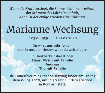 Traueranzeige von Marianne Wechsung von Mitteldeutsche Zeitung Bernburg