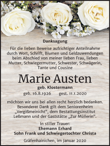 Traueranzeige von Marie Austen von Super Sonntag Wittenberg