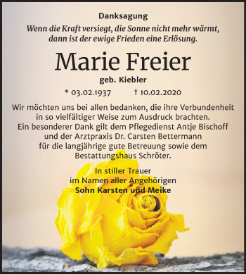 Traueranzeige von Marie Freier von Super Sonntag Wittenberg