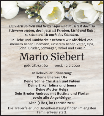Traueranzeige von Mario Siebert von Mitteldeutsche Zeitung Köthen