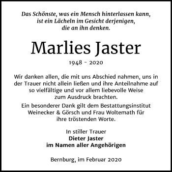 Traueranzeige von Marlies Jaster von Super Sonntag Bernburg