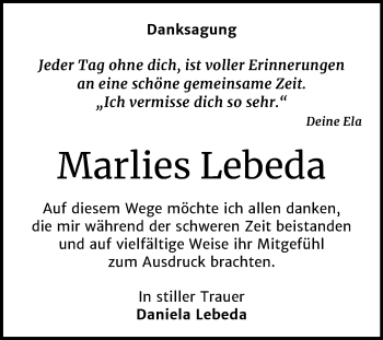 Traueranzeige von Marlies Lebeda von Super Sonntag Wittenberg