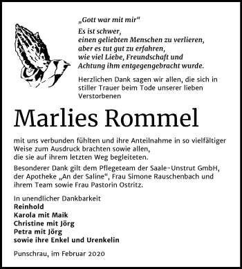 Traueranzeige von Marlies Rommel von Mitteldeutsche Zeitung Naumburg/Nebra