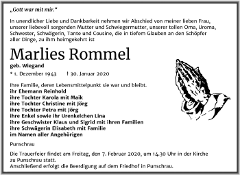 Traueranzeige von Marlies Rommel von Mitteldeutsche Zeitung Naumburg/Nebra