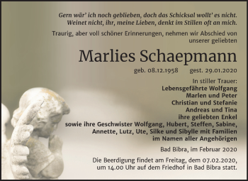 Traueranzeige von Marlies Schaepmann von Mitteldeutsche Zeitung Naumburg/Nebra