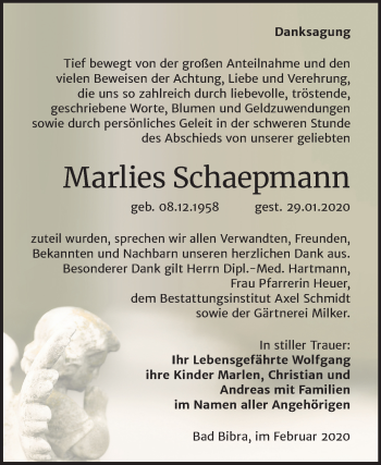 Traueranzeige von Marlies Schaepmann von Wochenspiegel Naumburg/Nebra