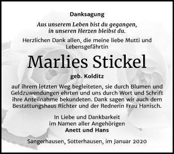 Traueranzeige von Marlies Stickel von Super Sonntag Sangerhausen