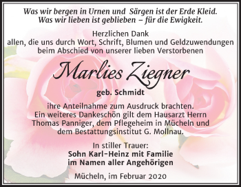 Traueranzeige von Marlies Ziegner von Super Sonntag Merseburg/Querfurt