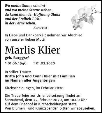 Traueranzeige von Marlis Klier von Mitteldeutsche Zeitung Naumburg/Nebra