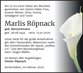 Traueranzeige von Marlis Röpnack von Super Sonntag Aschersleben