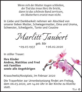 Traueranzeige von Marlitt Taubert von Wochenspiegel Weißenfels