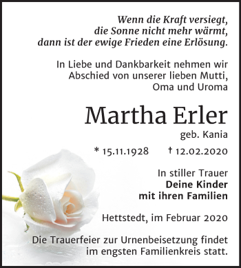 Traueranzeige von Martha Erler von Wochenspiegel Mansfelder Land