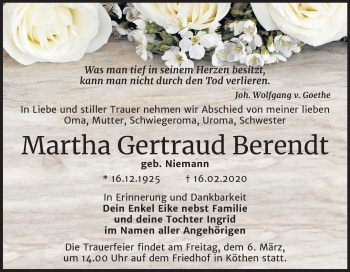 Traueranzeige von Martha Gertraud Berendt von Super Sonntag Köthen