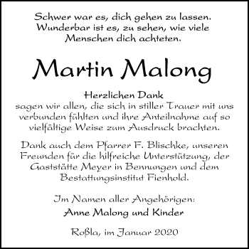 Traueranzeige von Martin Malong von Mitteldeutsche Zeitung Sangerhausen