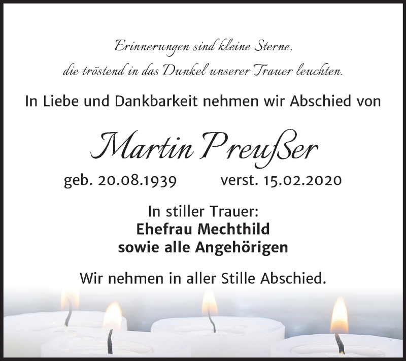  Traueranzeige für Martin Preußer vom 20.02.2020 aus Mitteldeutsche Zeitung Weißenfels