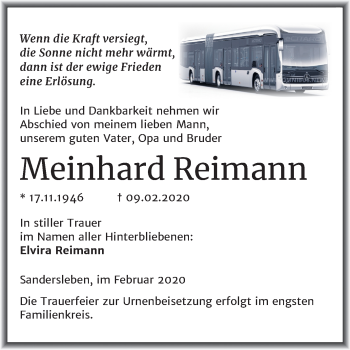Traueranzeige von Meinhard Reimann von Super Sonntag Mansfelder Land