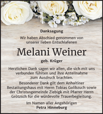Traueranzeige von Melani Weiner von Mitteldeutsche Zeitung Dessau-Roßlau