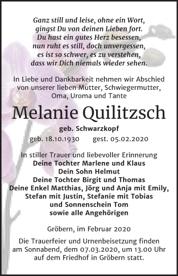 Traueranzeige von Melanie Quilitzsch von Wochenspiegel Bitterfeld