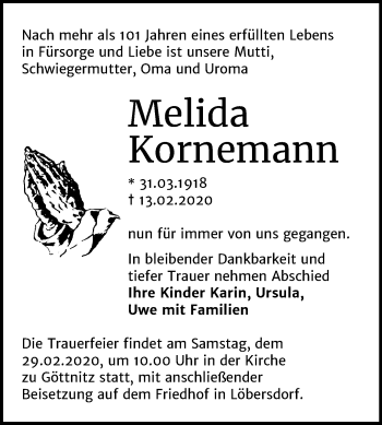 Traueranzeige von Melida Kornemann von Wochenspiegel Bitterfeld