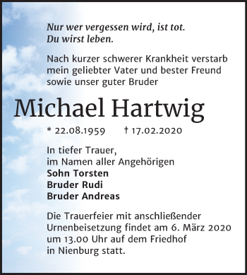 Traueranzeige von Michael Hartwig von Mitteldeutsche Zeitung Bernburg