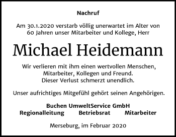 Traueranzeige von Michael Heidemann von Mitteldeutsche Zeitung Halle/Saalkreis / Merseburg/Querfurt