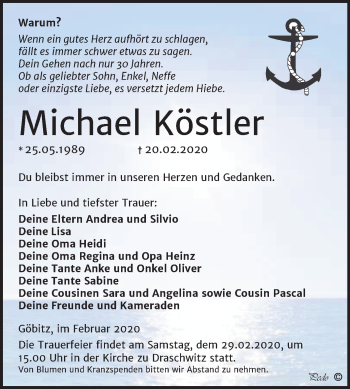 Traueranzeige von Michael Köstler von Wochenspiegel Zeitz