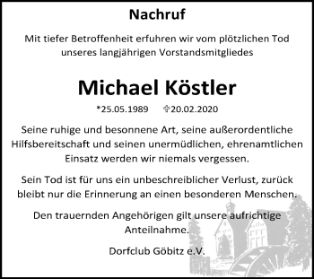 Traueranzeige von Michael Köstler von Super Sonntag Zeitz