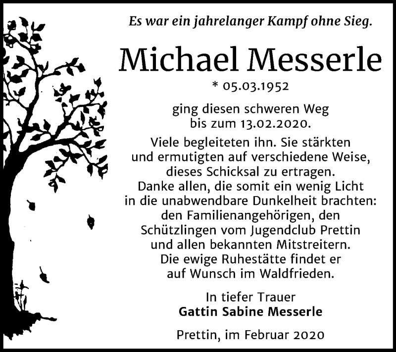  Traueranzeige für Michael Messerle vom 29.02.2020 aus Super Sonntag Wittenberg