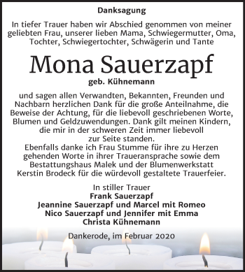 Traueranzeige von Mona Sauerzapf von Super Sonntag Quedlinburg