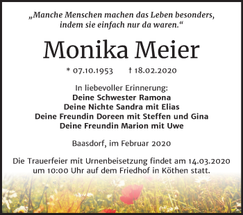 Traueranzeige von Monika Meier von Mitteldeutsche Zeitung Köthen