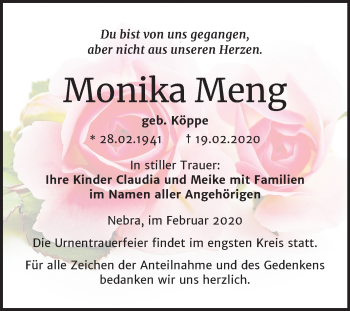 Traueranzeige von Monika Meng von Wochenspiegel Naumburg/Nebra
