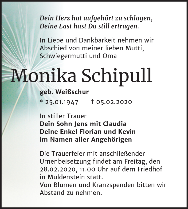  Traueranzeige für Monika Schipull vom 15.02.2020 aus Mitteldeutsche Zeitung Bitterfeld
