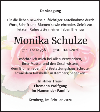 Traueranzeige von Monika Schulze von Wochenspiegel Wittenberg