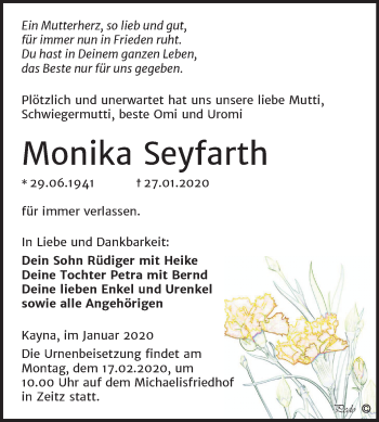 Traueranzeige von Monika Seyfarth von Super Sonntag Zeitz