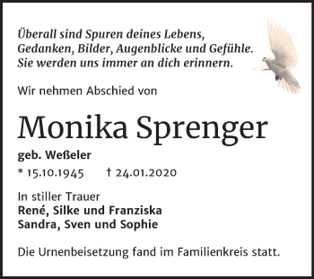 Traueranzeige von Monika Sprenger von Mitteldeutsche Zeitung Naumburg/Nebra