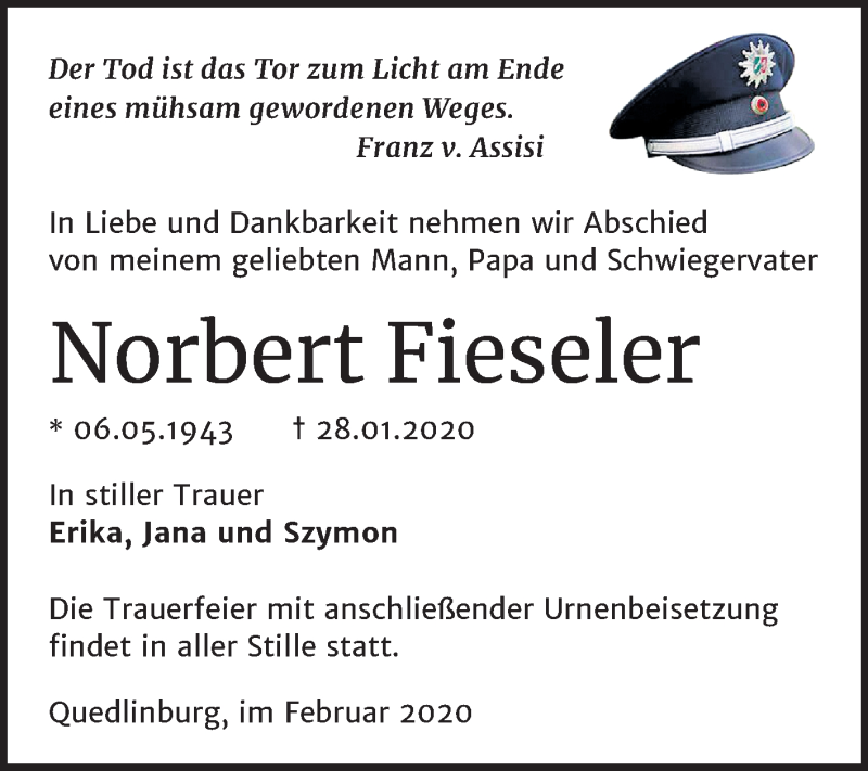  Traueranzeige für Norbert Fieseler vom 08.02.2020 aus Super Sonntag Quedlinburg