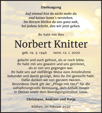 Traueranzeige von Norbert Knitter von Super Sonntag Köthen
