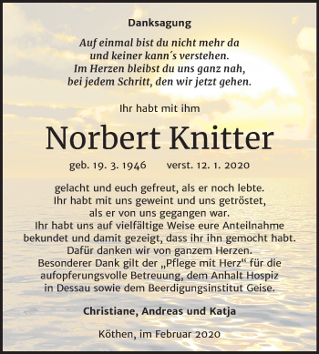 Traueranzeige von Norbert Knitter von Mitteldeutsche Zeitung Köthen