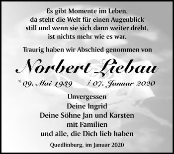 Traueranzeige von Norbert Liebau von Mitteldeutsche Zeitung Quedlinburg