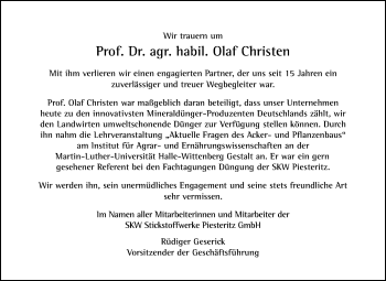 Traueranzeige von Olaf Christen von Mitteldeutsche Zeitung Halle/Saalkreis