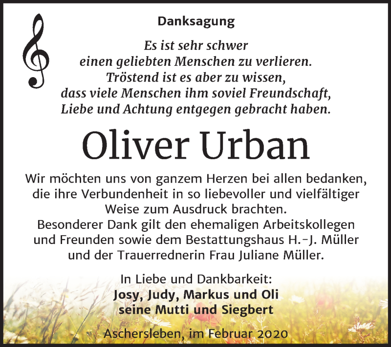  Traueranzeige für Oliver Urban vom 15.02.2020 aus Super Sonntag Aschersleben