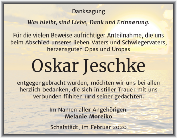Traueranzeige von Oskar Jeschke von Super Sonntag Mansfelder Land