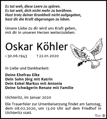 Traueranzeige von Oskar Köhler von Mitteldeutsche Zeitung Weißenfels